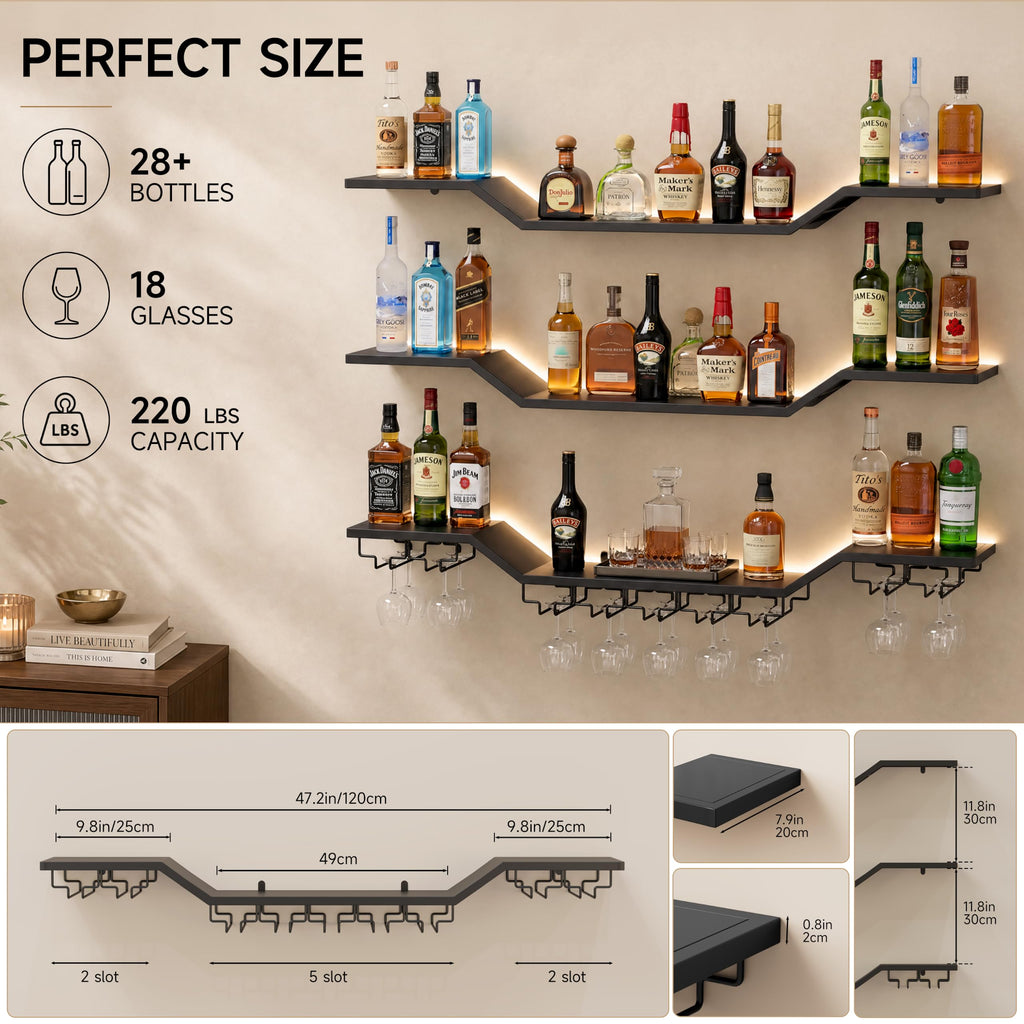 31.5" Wall Mounted Wine Rack with LED, 3-Tier Floating Bar Shelves
