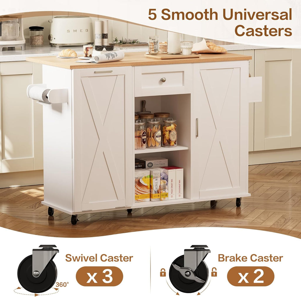 48" Modern Rolling Kitchen Island with Drop Leaf & Trash Can Storage, Mobile Island Table for Kitchen