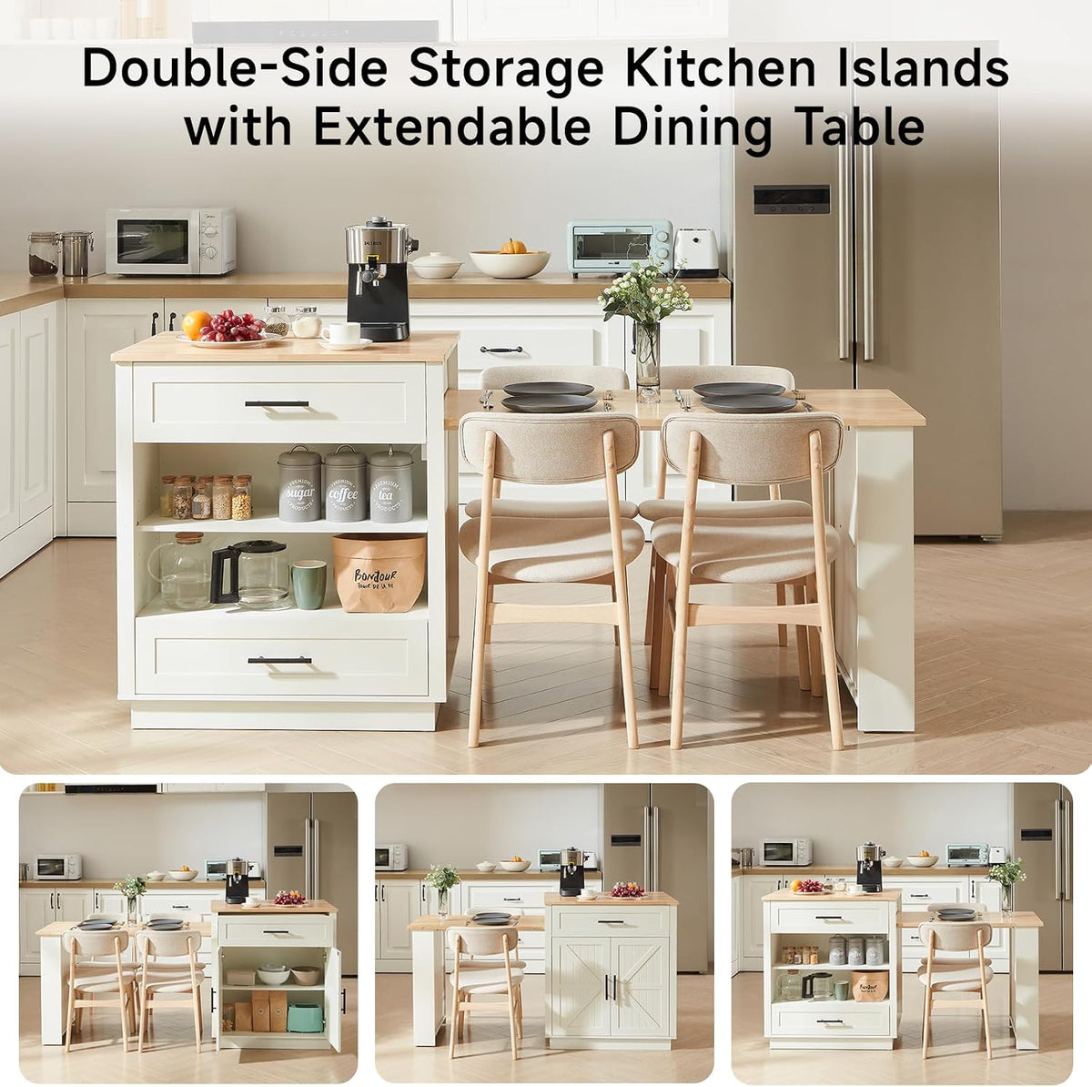 48"-76" Kitchen Islands with Extendable Dining Table, 2-4 People, White