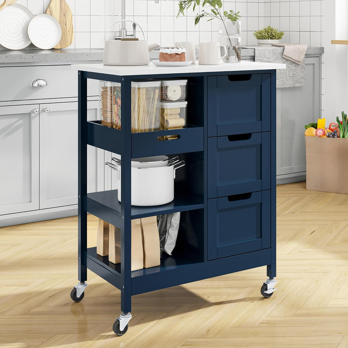 YITAHOME Small Solid Wood Top Kitchen Island Cart on Wheels with Storage