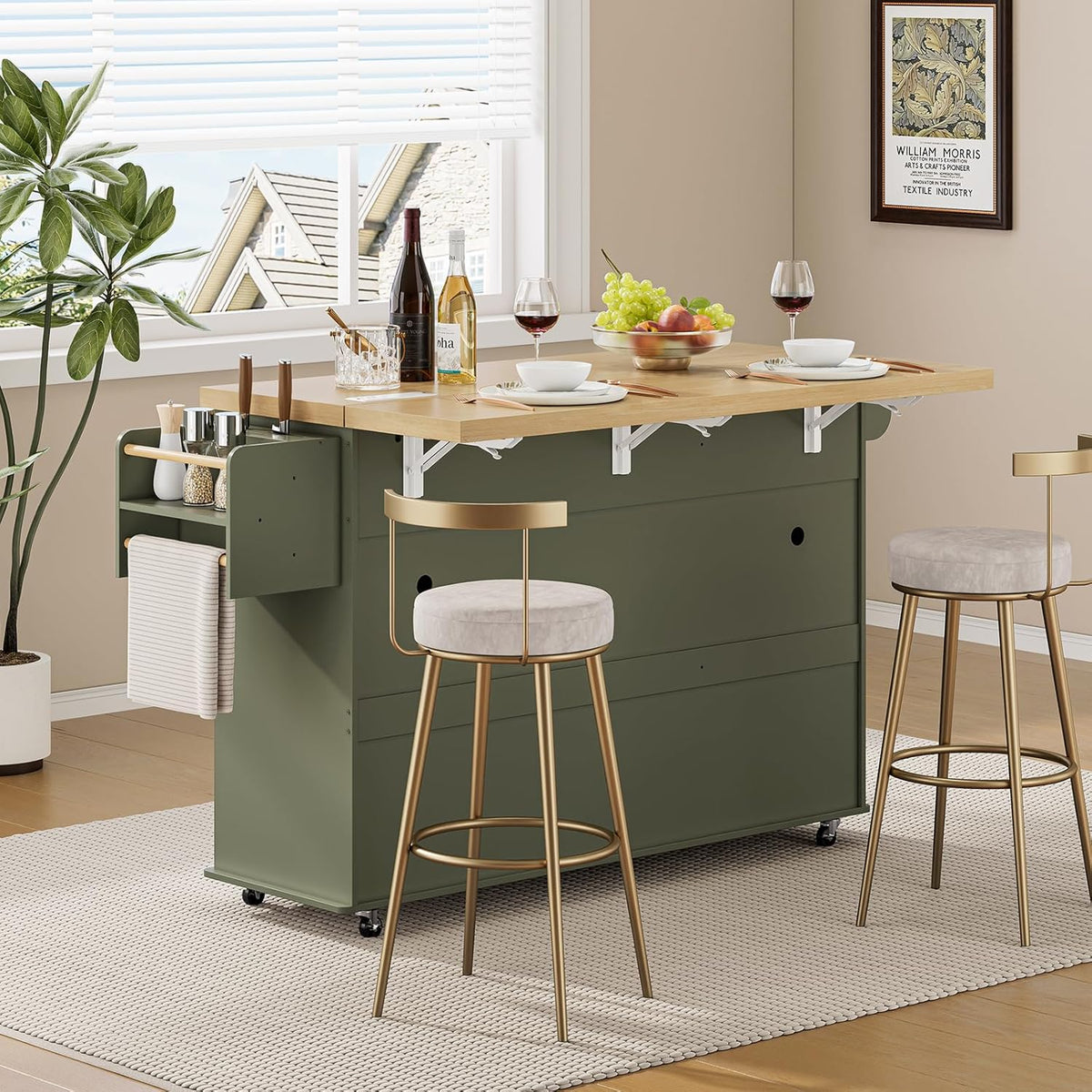 ONBRILL 60" Kitchen Island with Trash Can Storage, Rolling Island Table