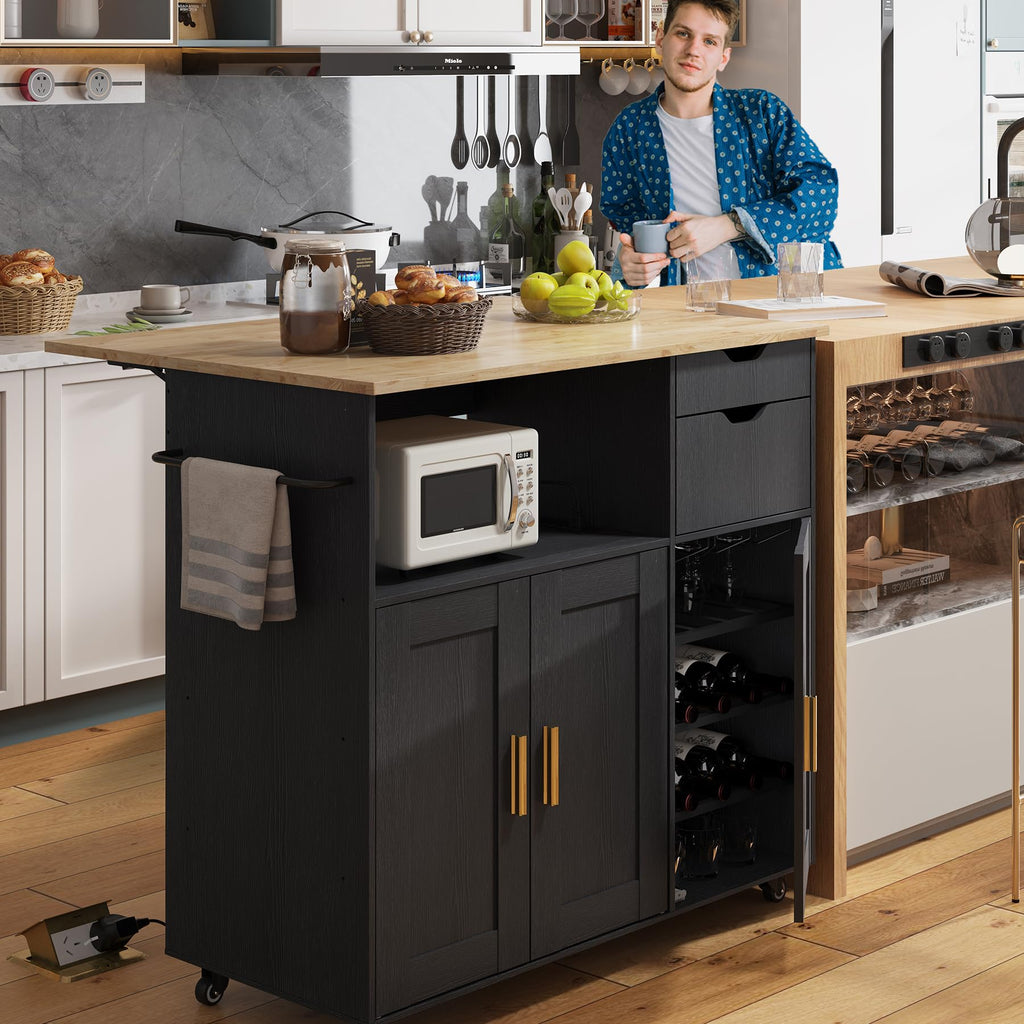ASTRONAPE Rolling Kitchen Island Cart with Storage, Mobile Kitchen Island with Power Outlet, Large Wood Top, Drawers & Cabinets for Dining Room (White, Model 1)