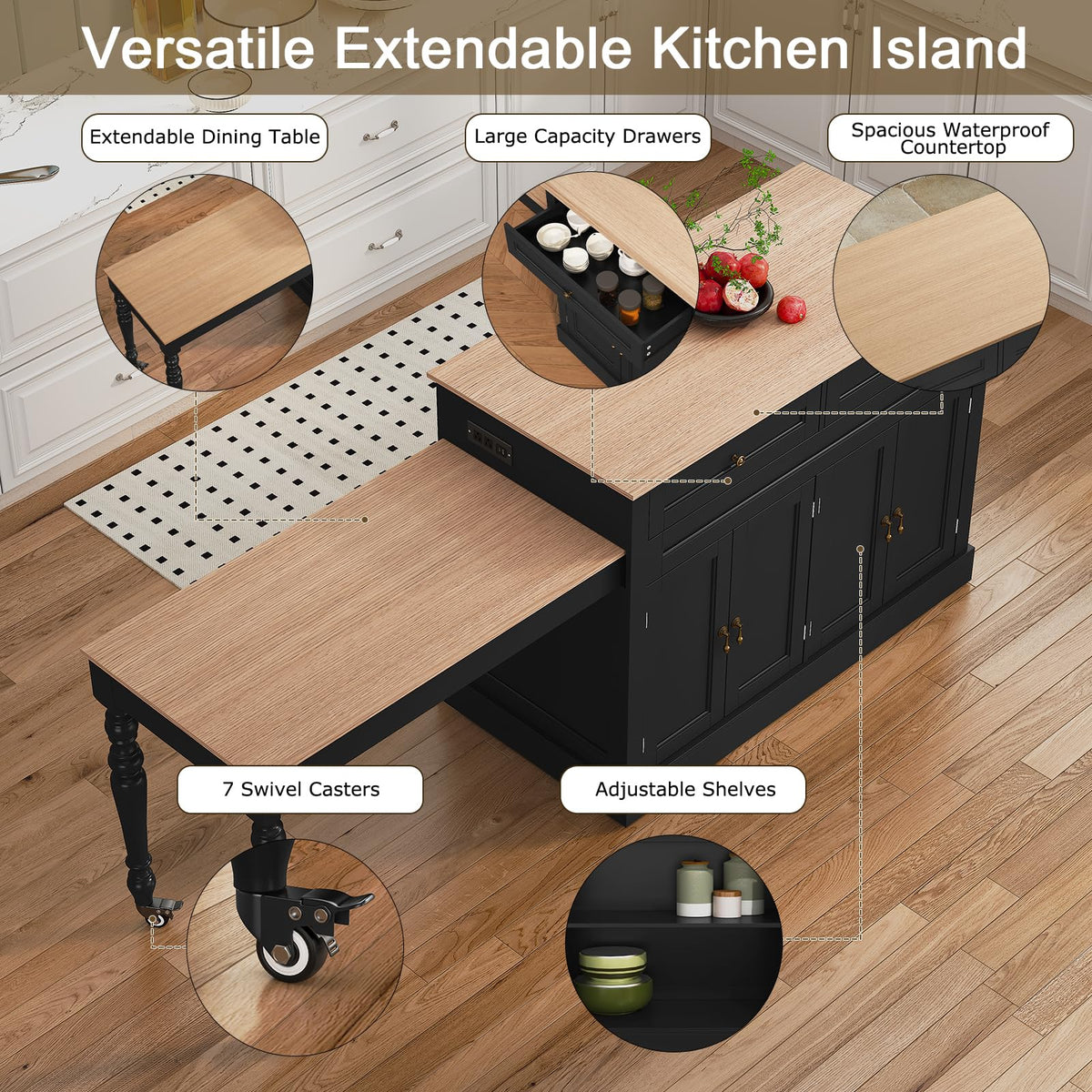 HLR 94.8" Kitchen Island with Extendable Table & Power Outlet, White