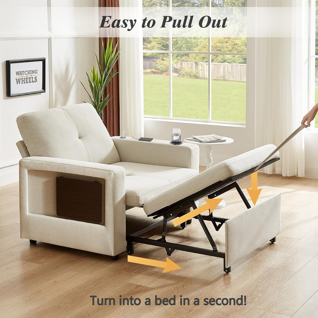 WEUP 3-in-1 Sleeper Sofa Chair Bed, 42.5" W Convertible Sleeper Chair with Pull Out Bed, USB Charging Ports & Wing Table, Cup Holder, Adjustable Backrest, Side Pockets (Premium, Beige)