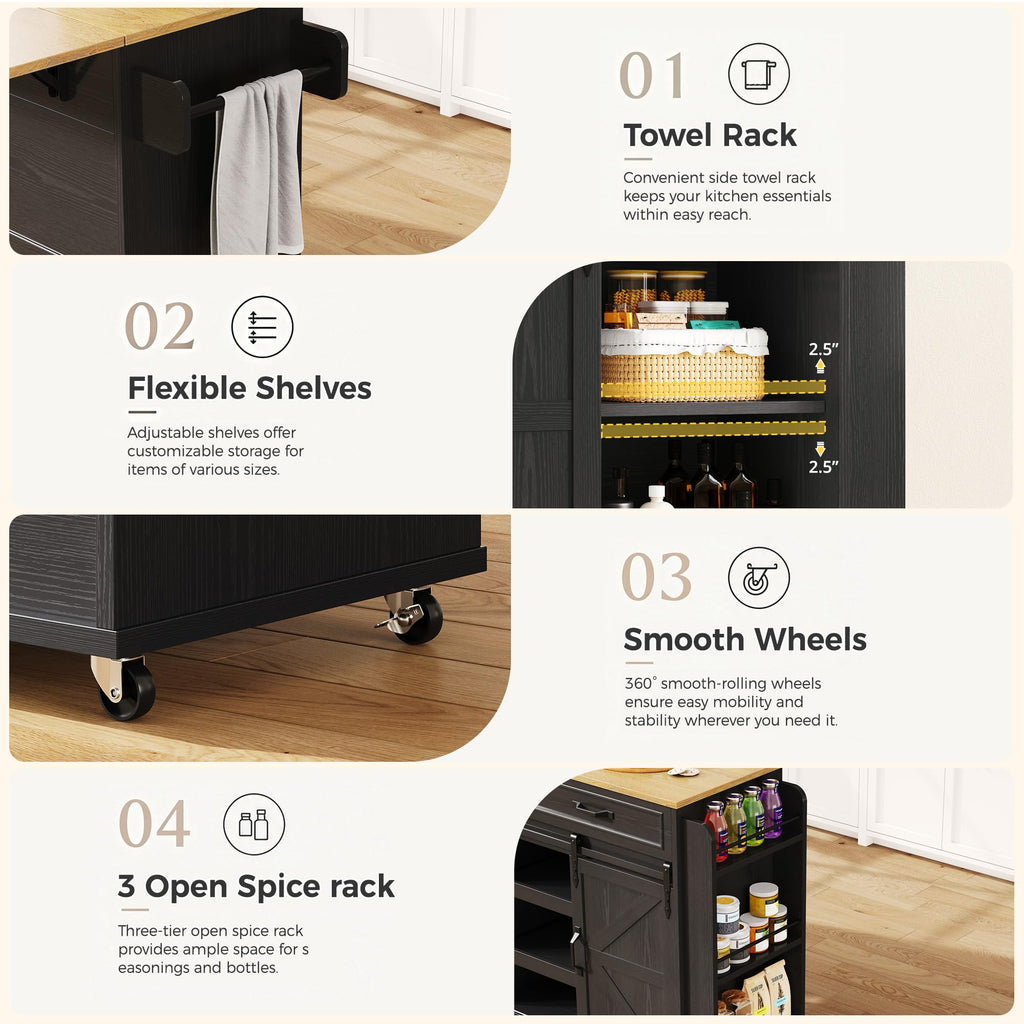 IRONCK Kitchen Island with Storage, Drop Leaf Countertop, White
