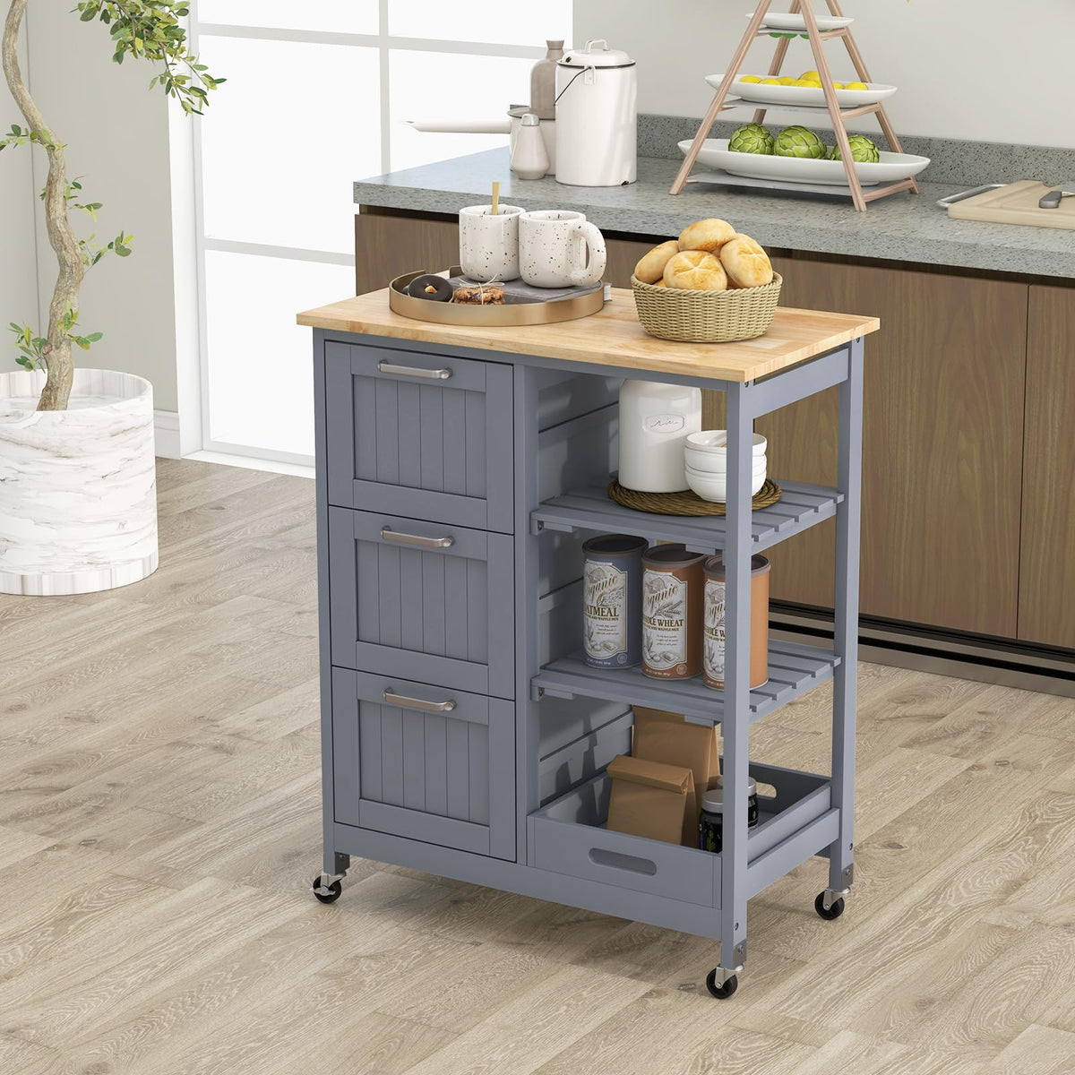 GOFLAME Kitchen Island Cart on Wheels with Storage, Versatile Rolling Cart with Wood Countertop, 3 Drawers, Removable Tray & Lockable Casters, Mobile Serving Trolley for Kitchen, Dining Room, Black