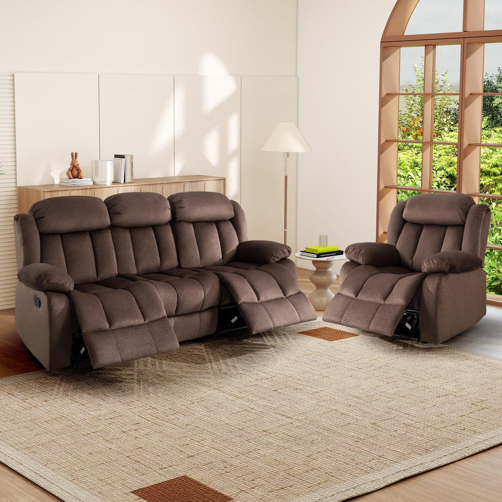 INZOY Manual Recliner Chair with Padded Armrest, Wall-Hugger Single Sofa Recliners with Overstuffed Back, Classical Fabric Reclining Chairs for Living Room Theater Seating, Brown