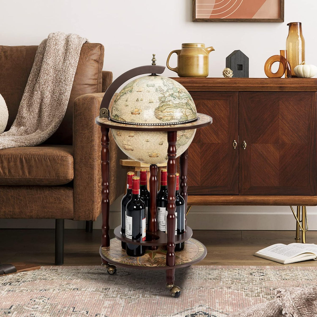 Goplus Globe Bar, 17.5â Globe Bar Liquor Cabinet with Wheels, Bottom Shelf, Old World Map, 16th Century Italian Replica Bar Globe, Retro Wine Stand, Globe Bar Cart for Dining Room Living Room Home