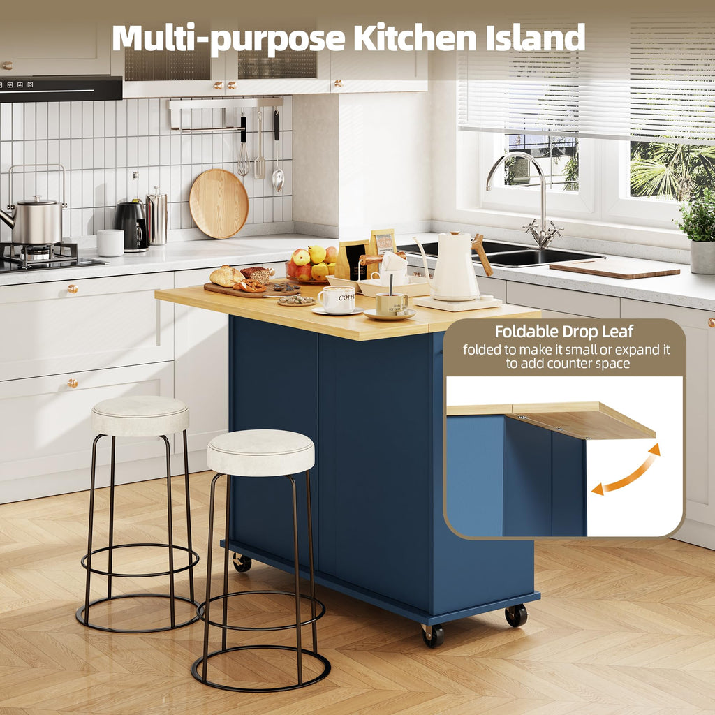 SUNLEI Kitchen Island with Storage, Kitchen Island on Wheels with Drop Leaf, Rolling Kitchen Island Cart with Cabinet and Drawers, Mobile Kitchen Storage Cart for Dining Room, White