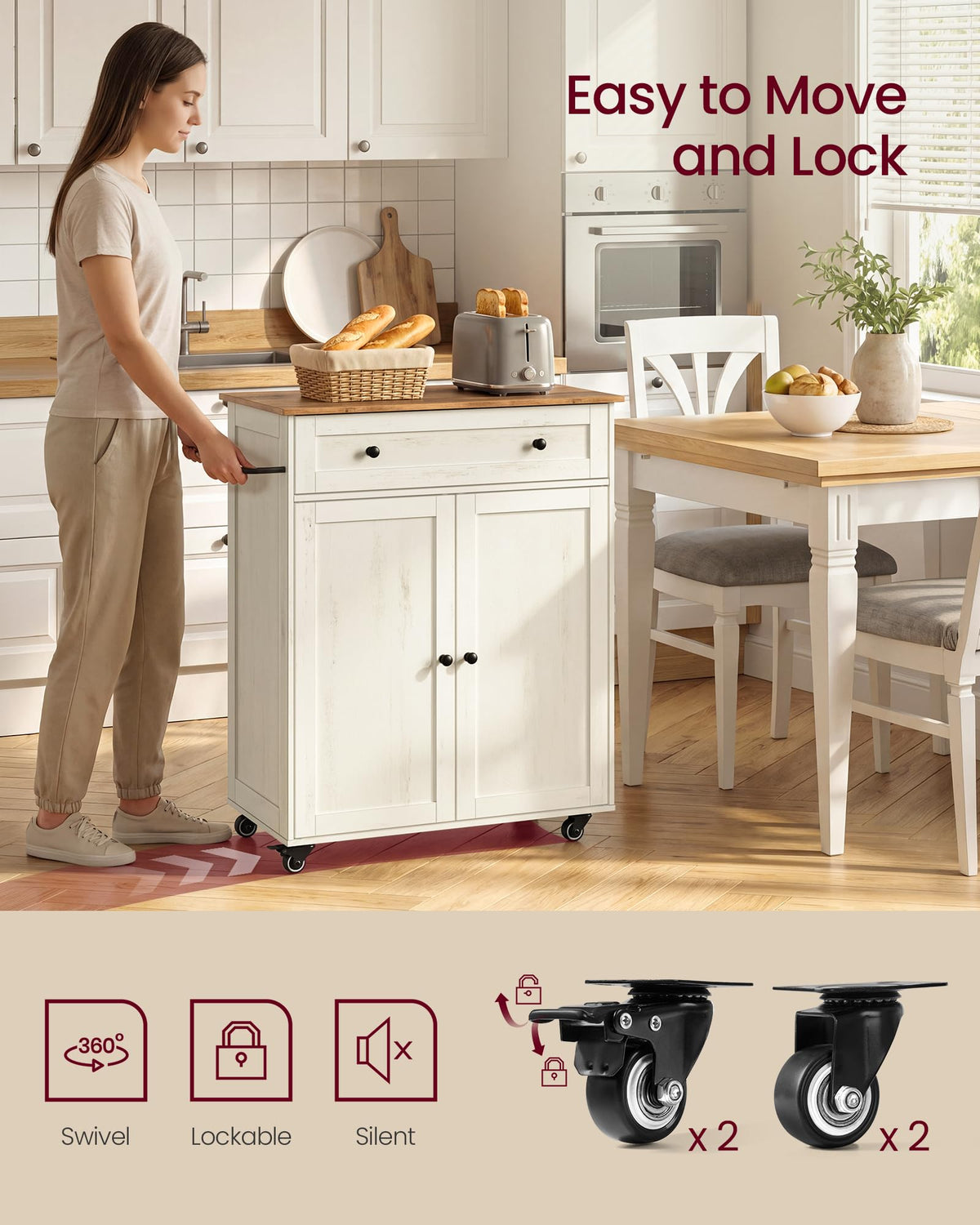 VASAGLE Mobile Kitchen Wooden Island Cart with Storage for Dining Room