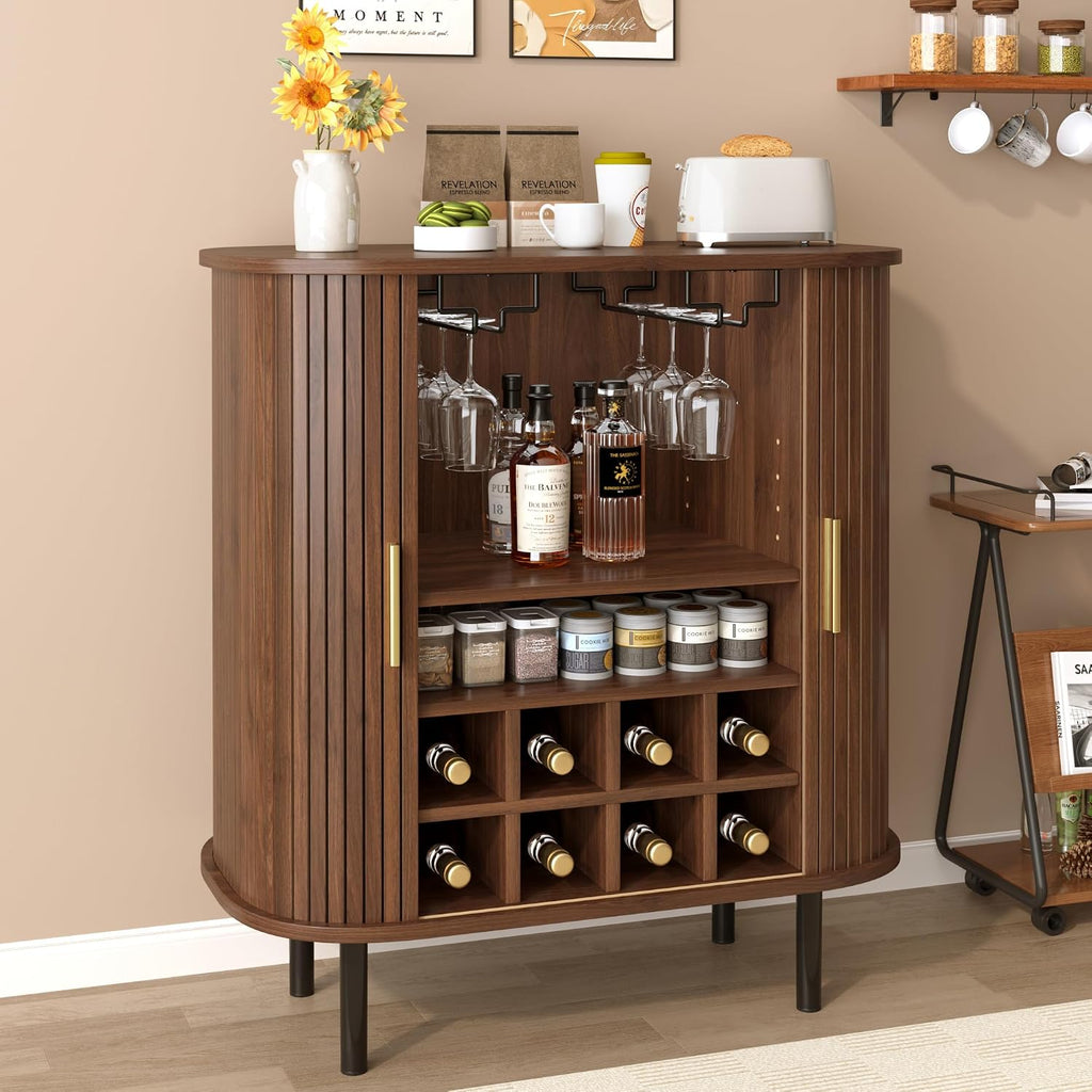 28" Fluted Wine Bar Cabinet with Storage, Modern Liquor Cabinets, Walnut