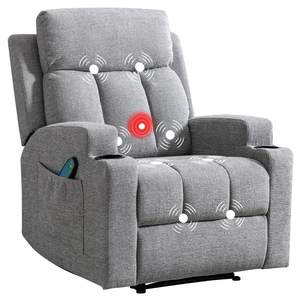 CANMOV Manual Recliner Chair with Massage and Heat, Soft Fabric Recliner Chair with Overstuffed Arm and Back, Manual Reclining Single Sofa with 2 Cup Holders, Side Pocket for Living Room, Dark Grey