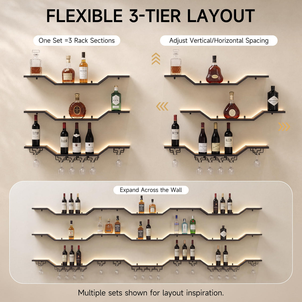 31.5" Wall Mounted Wine Rack with LED, 3-Tier Floating Bar Shelves