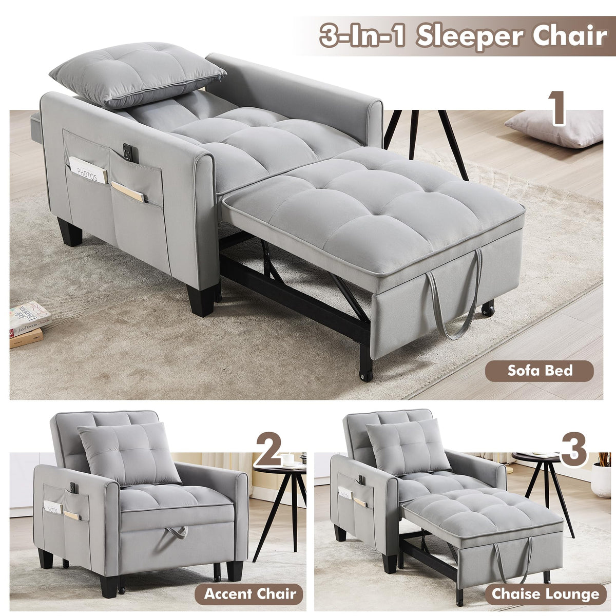 Convertible Sleeper Chair, 3 in 1 Sleeper Chair Bed Pull Out Sofa Bed Chairs, Single Sofa with Adjustable Backrest for Adults Reading Living Room, Bedroom, Black