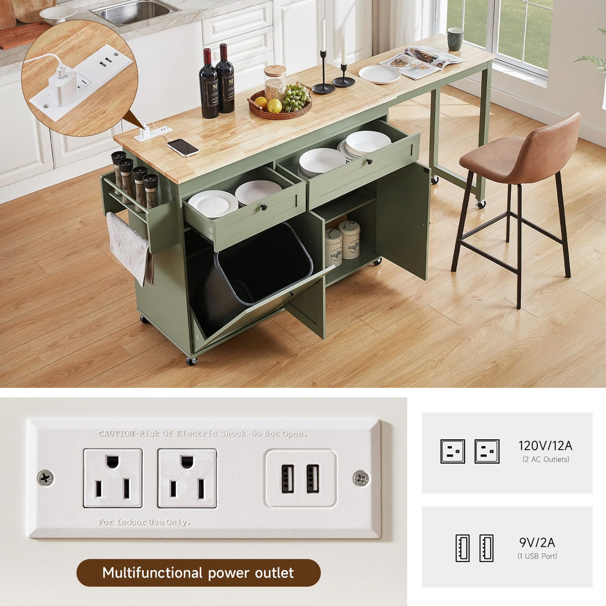 Kitchen Islands with Extendable Dining Table, Mobile Storage Islands, White
