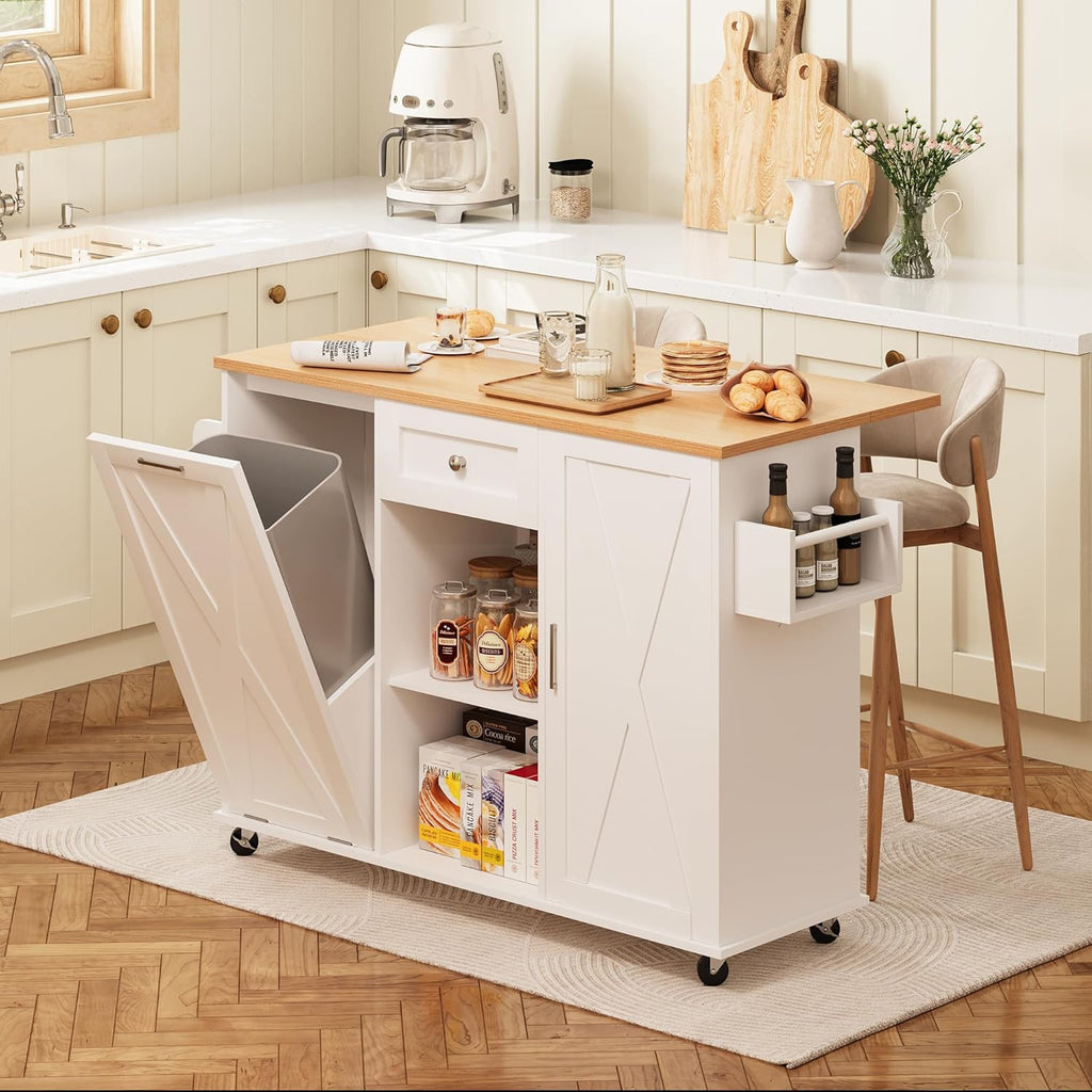 48" Modern Rolling Kitchen Island with Drop Leaf & Trash Can Storage, Mobile Island Table for Kitchen