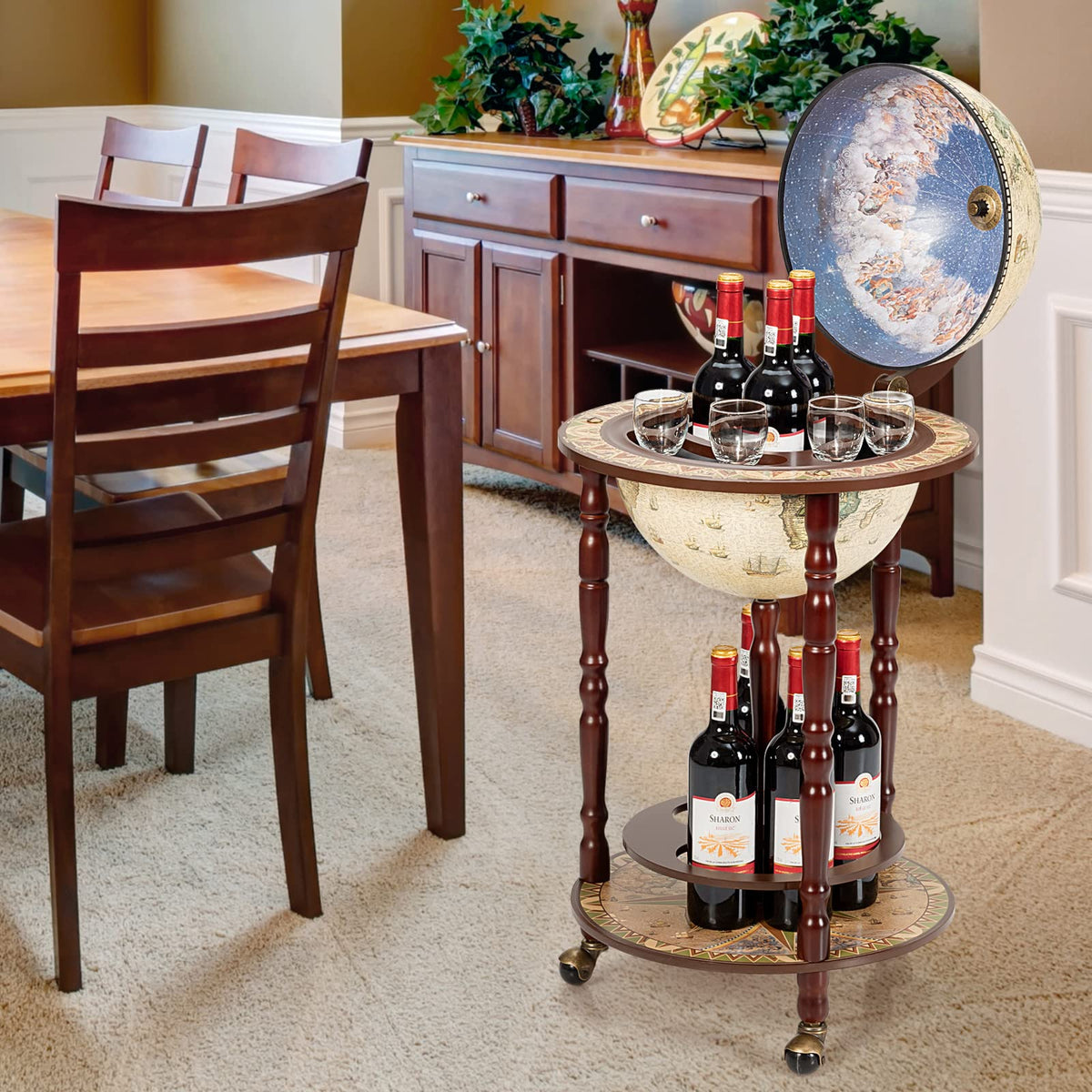 HAPPYGRILL Globe Bar, 17.5â Wine Bar Stand Italian Wooden Globe Wine Cart Liquor Bottle Shelf, 16th Century Retro Wine Cupboard with Wheels for Dining Room Living Room, Retro Brown