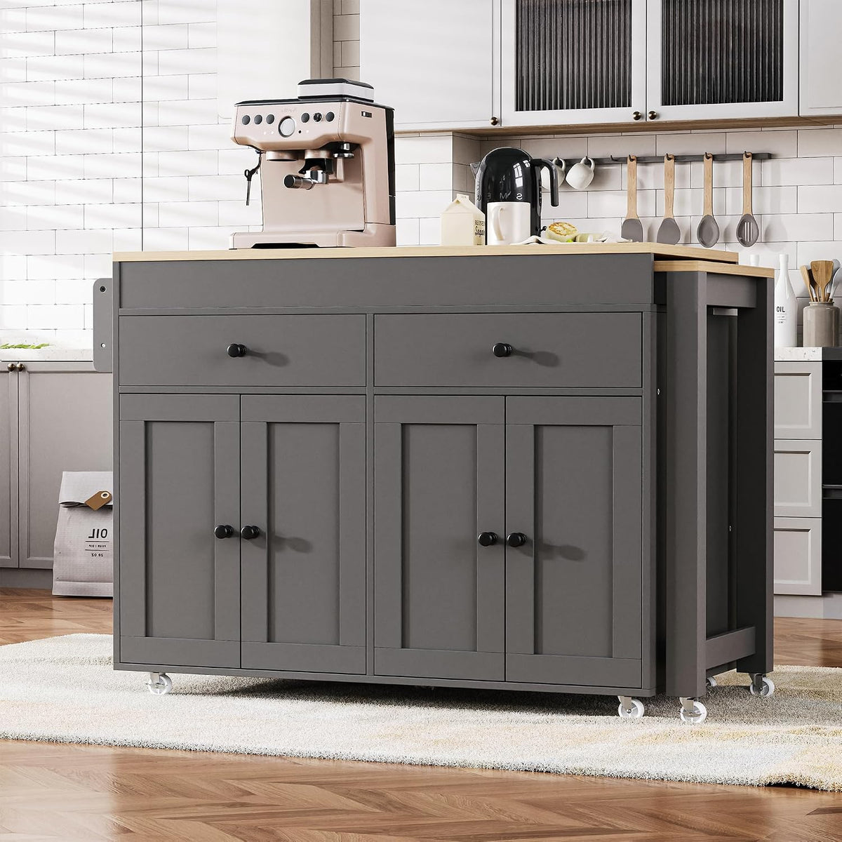 Merax 74.5" Kitchen Island with Extendable Dining Table, Rolling Kitchen Storage Cart on Wheels with Spice Rack & 2 Drawers & 4 Door Cabinet for Dining Room, Gray