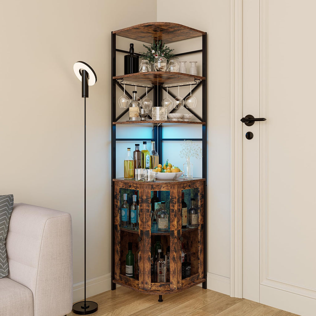 Wine Bar Cabinet with Power Outlet, 6-Tiers Industrial Wine Cabinet with LED Light and Glass Holder, Corner Bar Cabinet with Adjustable Shelf and Mesh Door, Liquor Cabinet Bar for Home