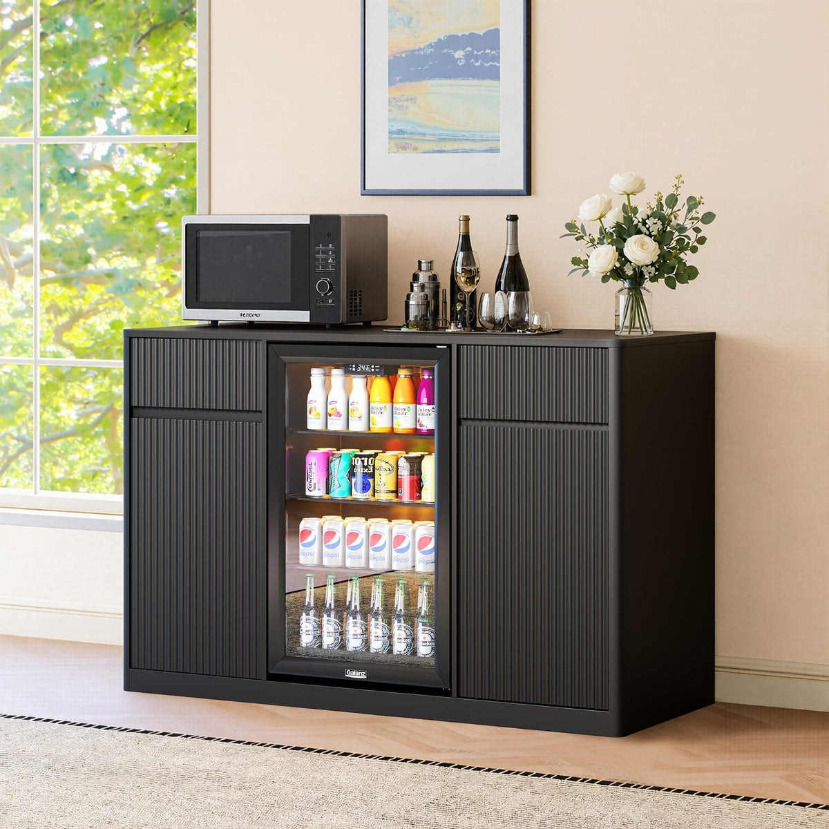 51" L Coffee Wine Bar Cabinet with Fridge Space, Charging Hub, Wine Rack