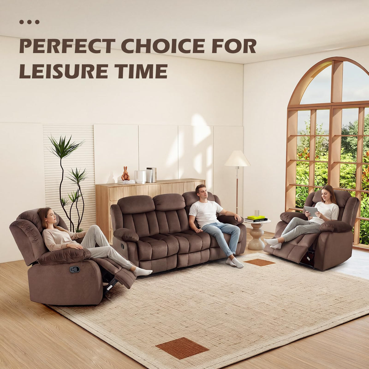 INZOY Manual Recliner Chair with Padded Armrest, Wall-Hugger Single Sofa Recliners with Overstuffed Back, Classical Fabric Reclining Chairs for Living Room Theater Seating, Brown