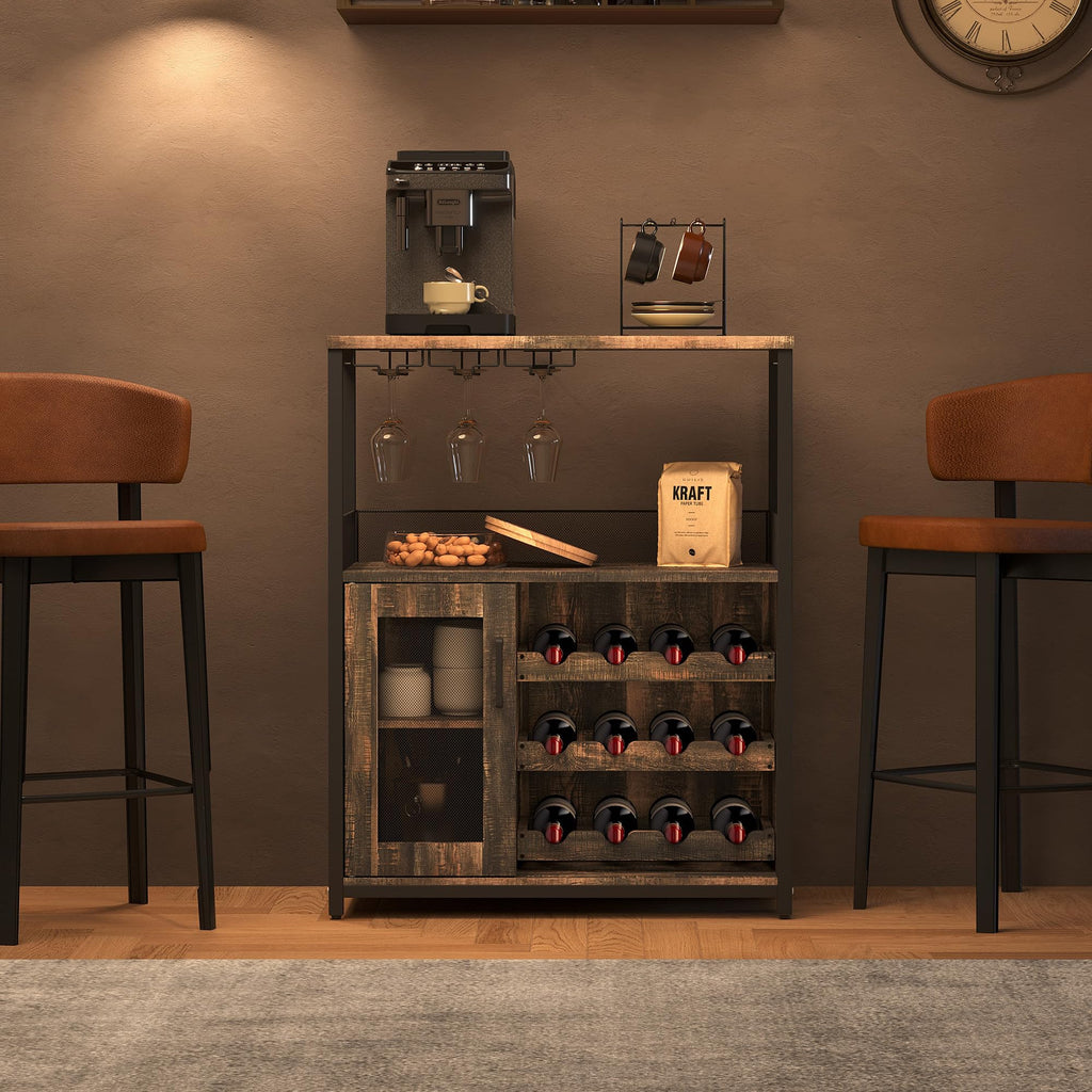 3-Tier Wine Bar Cabinet with Removable Wine Rack, Liquor Storage Cabinet with Glass Holder & Mesh Door, Coffee Bar Sideboard Buffet for Living Room or Dining Room, Gray
