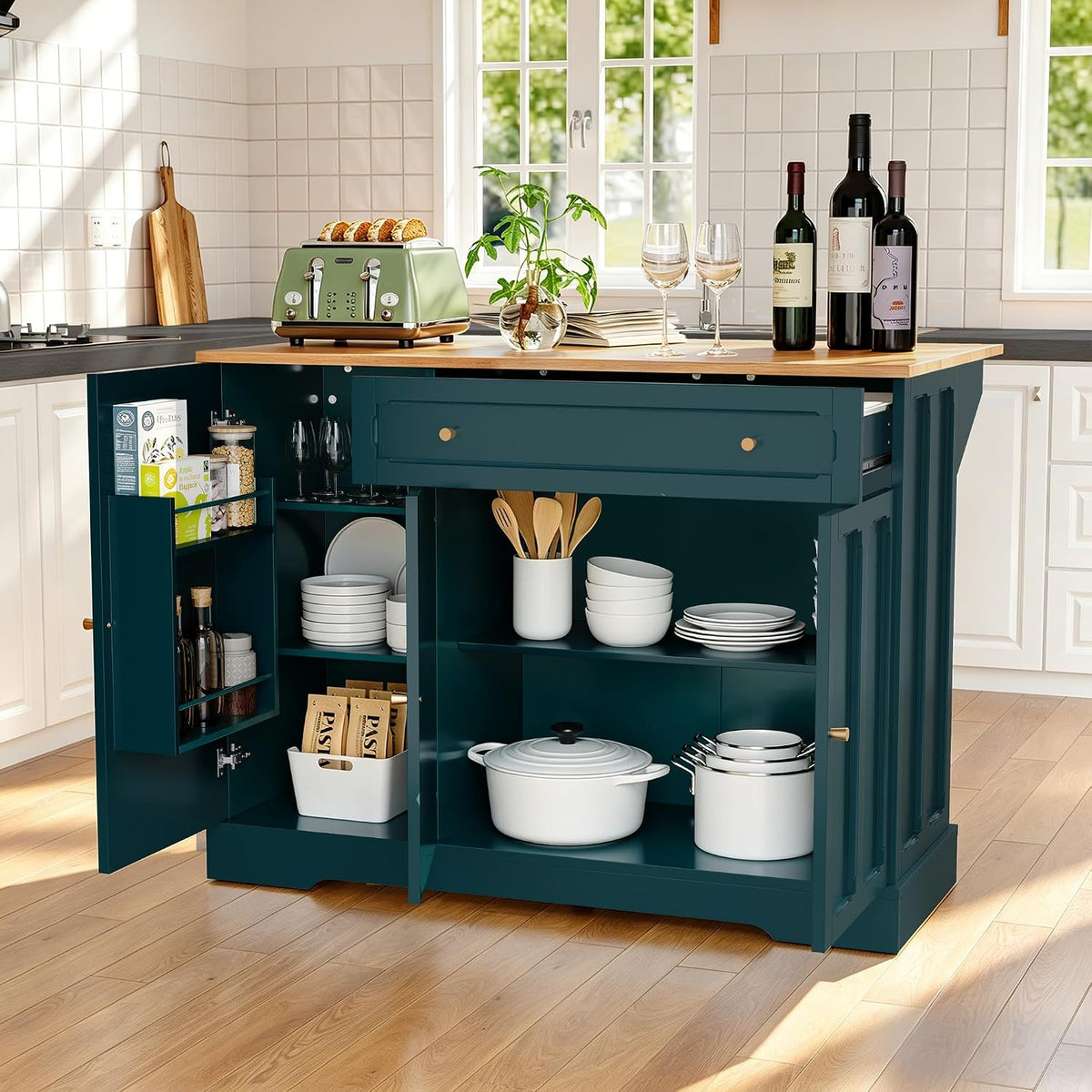 HLR Kitchen Island with Drop Leaf & Storage, Solid Rubber Wood Top Rolling Kitchen Cart with Carved Recessed Panel Doors, Large Mobile Island Table on Wheels for Kitchen, Dining Room (Green)
