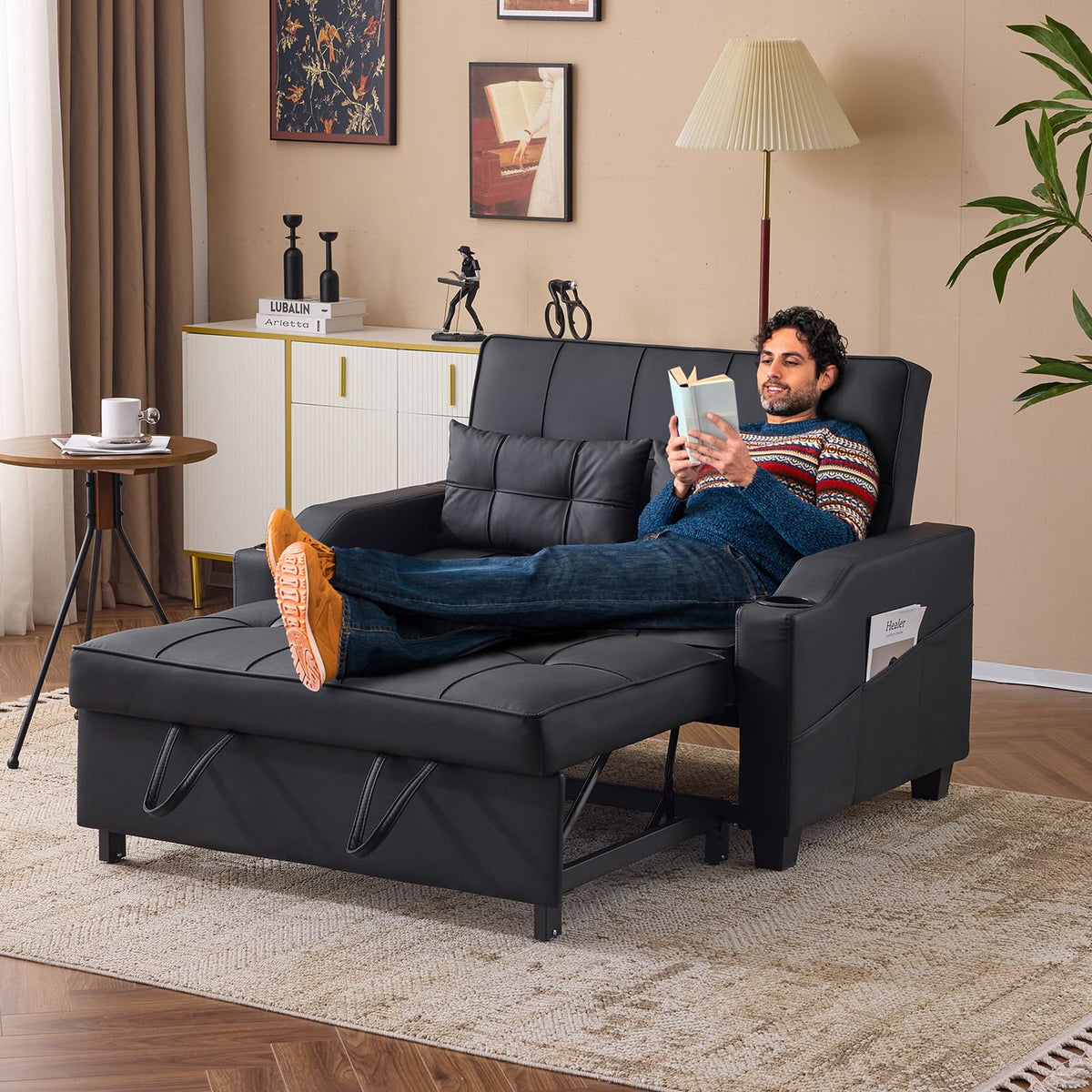 VINGLI Light Grey Futon Sofa Bed Convertible Loveseat Sleeper Couch, Faux Leather Pullout Sofa Fold Out Couch Bed with USB Ports, Cup Holders, Armrest for Living Room, Bedroom Apartment Room