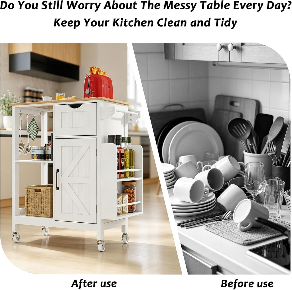 Kitchen Island Cart with Storage Cabinet, Rolling Kitchen Island on Wheels with Drawer, Spice Rack and Towel Rack, Mobile Kitchen Cart with Adjustable Shelf for Dining Room Apartment, White