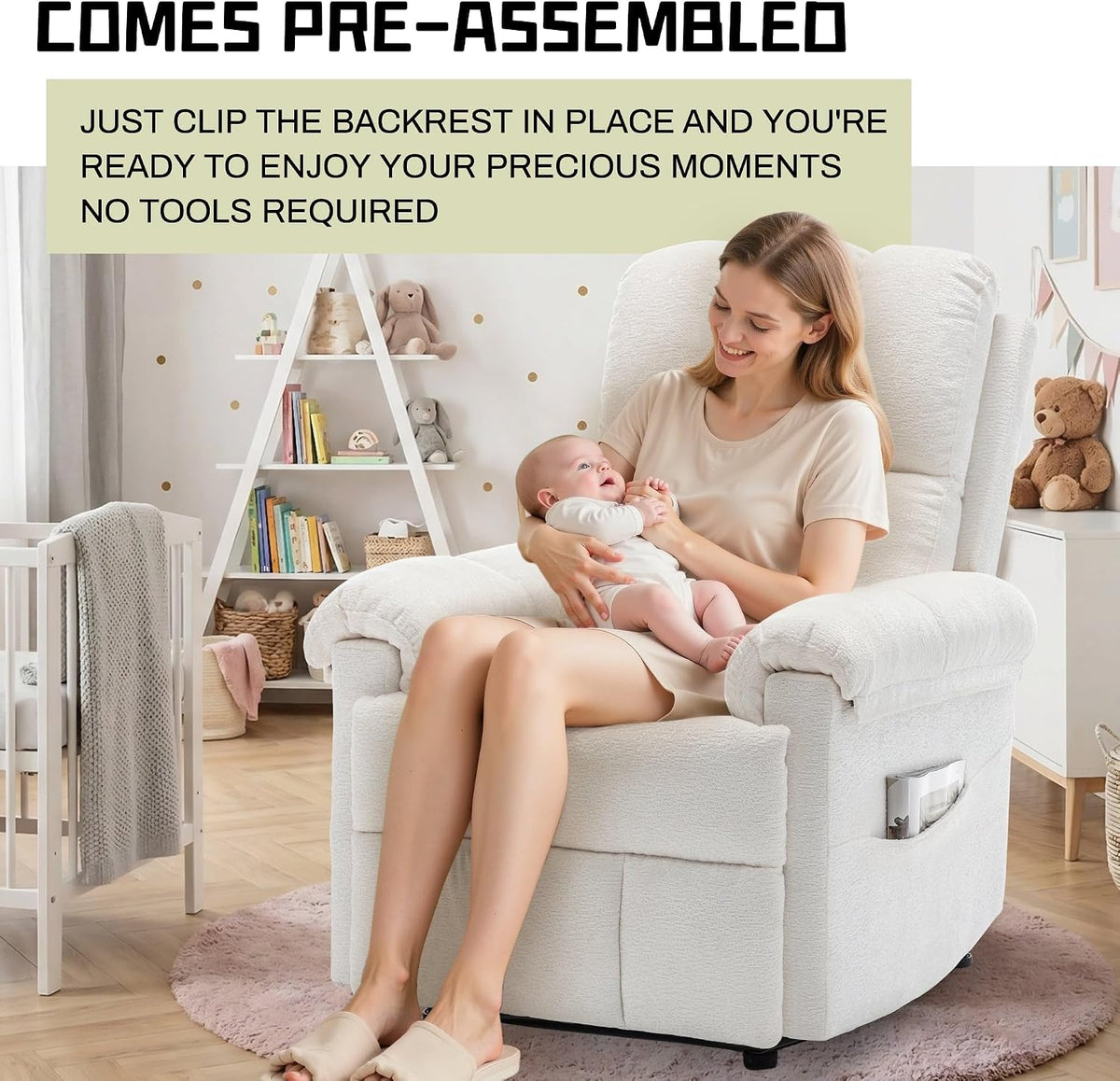 Korser Recliner Chair, Living Room Recliner Chairs for Adults, Small Recliners for Small Spaces, Upholstered Manual Recliner with Side Pockets, Comfy Nursery Chair for Living Room, Chenille, Beige