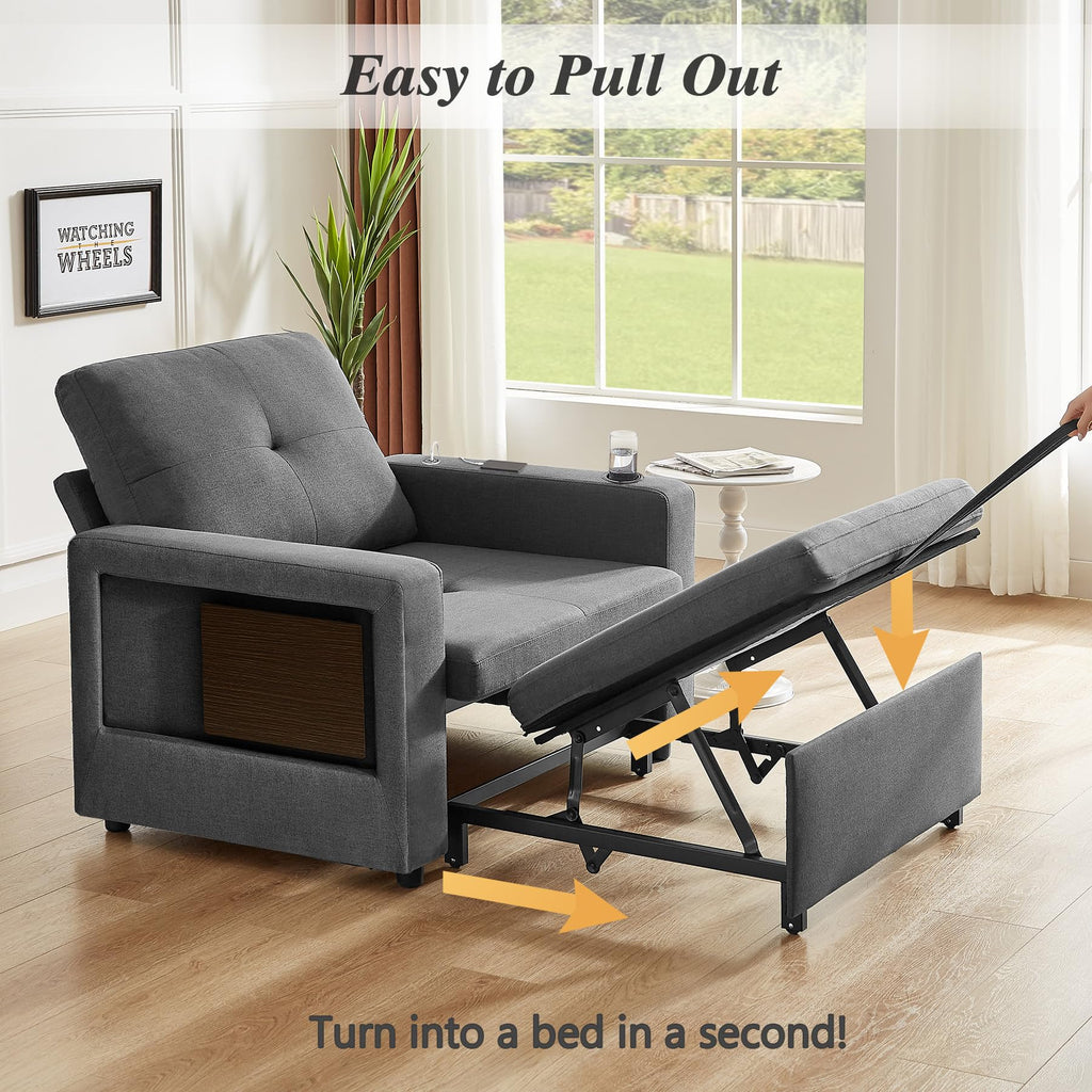 WEUP 3-in-1 Sleeper Sofa Chair Bed, 42.5" W Convertible Sleeper Chair with Pull Out Bed, USB Charging Ports & Wing Table, Cup Holder, Adjustable Backrest, Side Pockets (Premium, Beige)