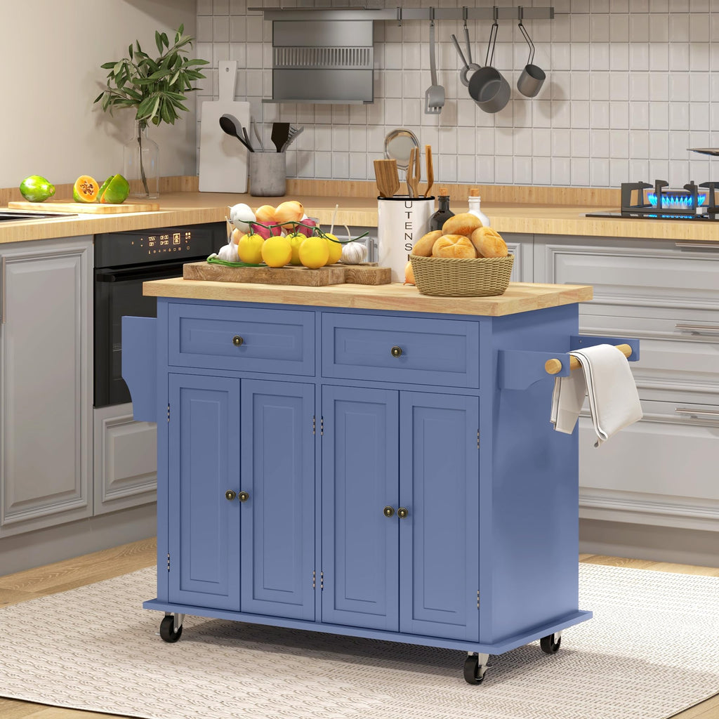 HOMCOM Kitchen Island Cart on Wheels with Solid Wood Top, 44" Cream White
