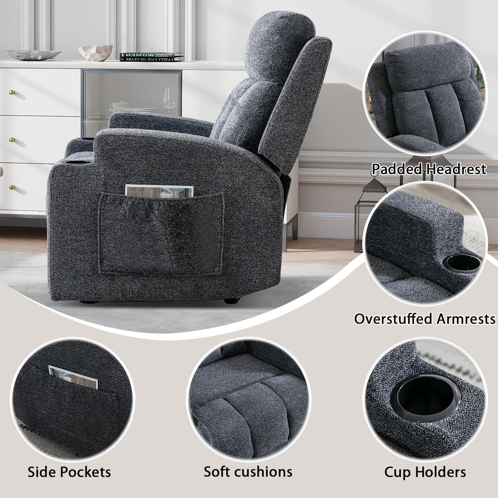 CANMOV Manual Recliner Chair with Massage and Heat, Soft Fabric Recliner Chair with Overstuffed Arm and Back, Manual Reclining Single Sofa with 2 Cup Holders, Side Pocket for Living Room, Dark Grey