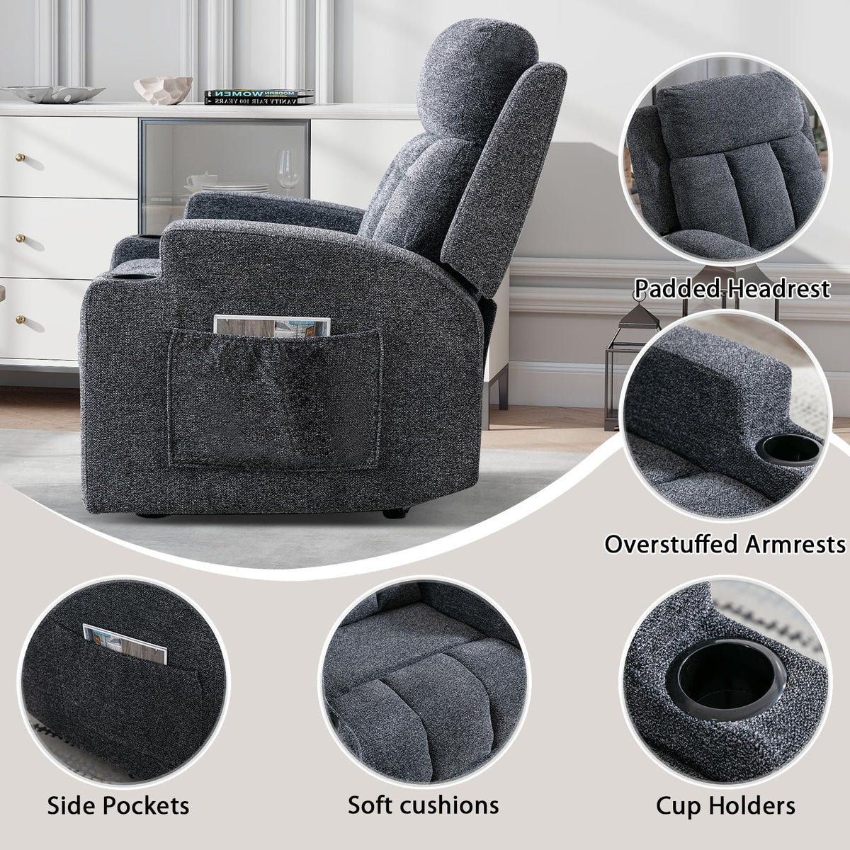 CANMOV Manual Recliner Chair with Massage and Heat, Soft Fabric Recliner Chair with Overstuffed Arm and Back, Manual Reclining Single Sofa with 2 Cup Holders, Side Pocket for Living Room, Dark Grey