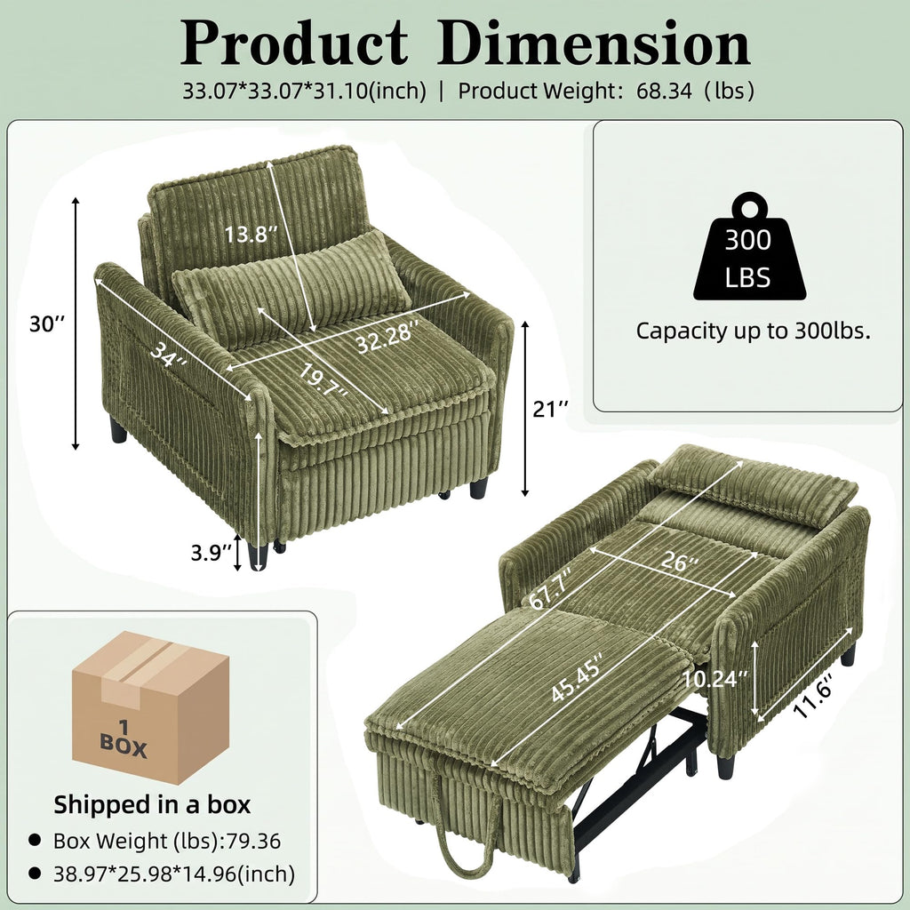 32" Convertible Sofa Chair Bed, 3âinâ1 Pullâout Sleeper Chair with Corduroy Fabric, Adjustable Backrest & Side Storage Pockets, SpaceâSaving Design for Living Room, Apartment, Bedroom (Yellow)