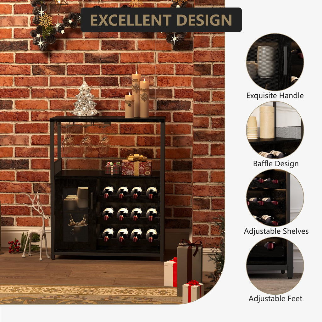 Jojoka 3 Tier Wine Bar Cabinet with LED Lights, Adjustable Storage, Liquor Rack, Glass Holder, Mesh Door, Multi Functional Coffee Bar Sideboard Buffet for Home, Dining Room