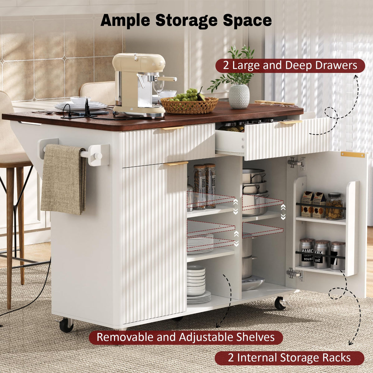 Large Fluted Kitchen Island Cart on Wheels with Storage, Natural
