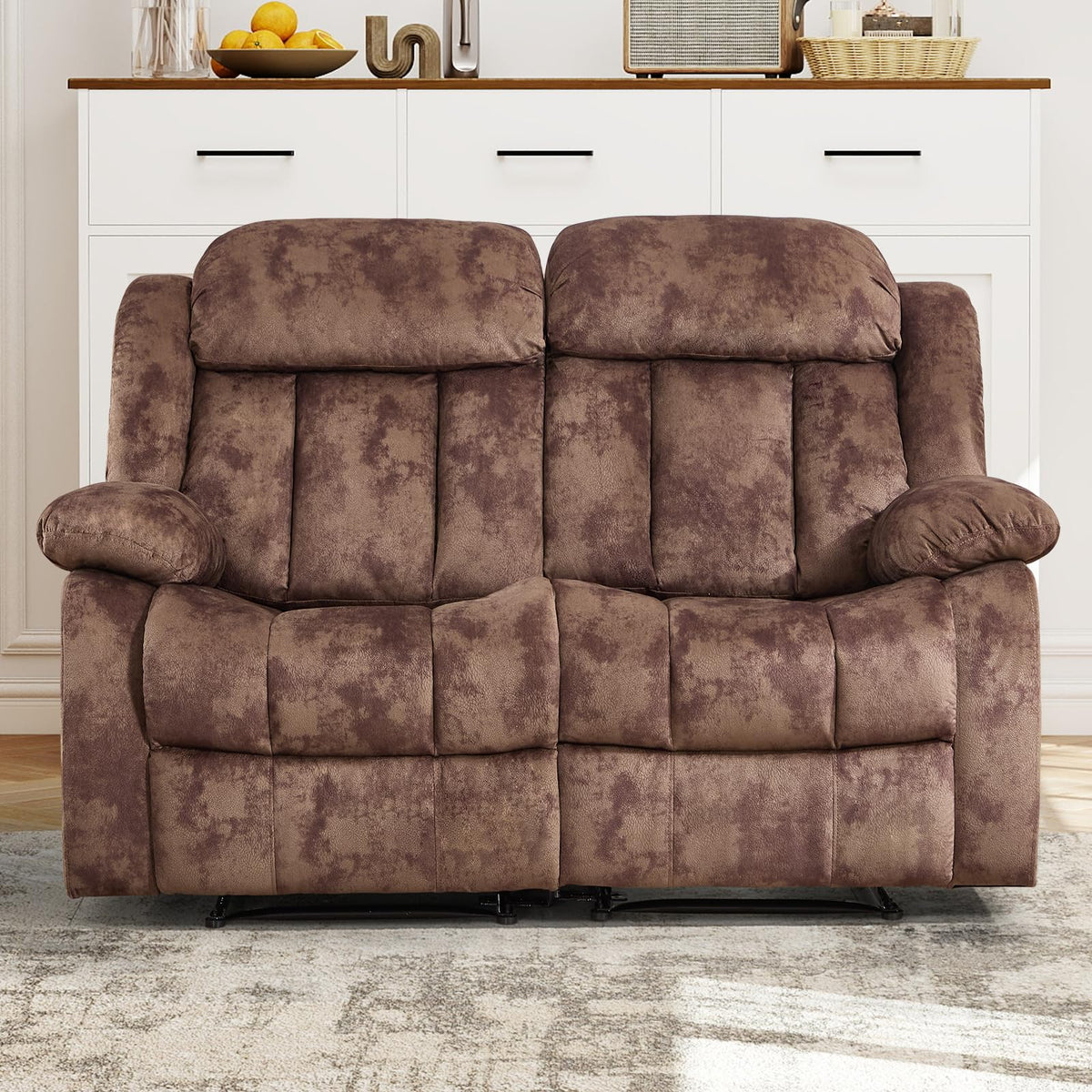 INZOY Manual Recliner Chair with Padded Armrest, Wall-Hugger Single Sofa Recliners with Overstuffed Back, Classical Fabric Reclining Chairs for Living Room Theater Seating, Brown