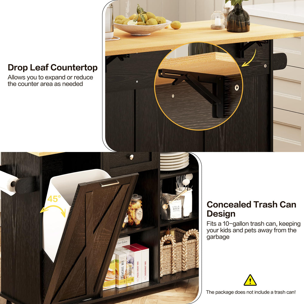 48" Modern Rolling Kitchen Island with Drop Leaf & Trash Can Storage, Mobile Island Table for Kitchen