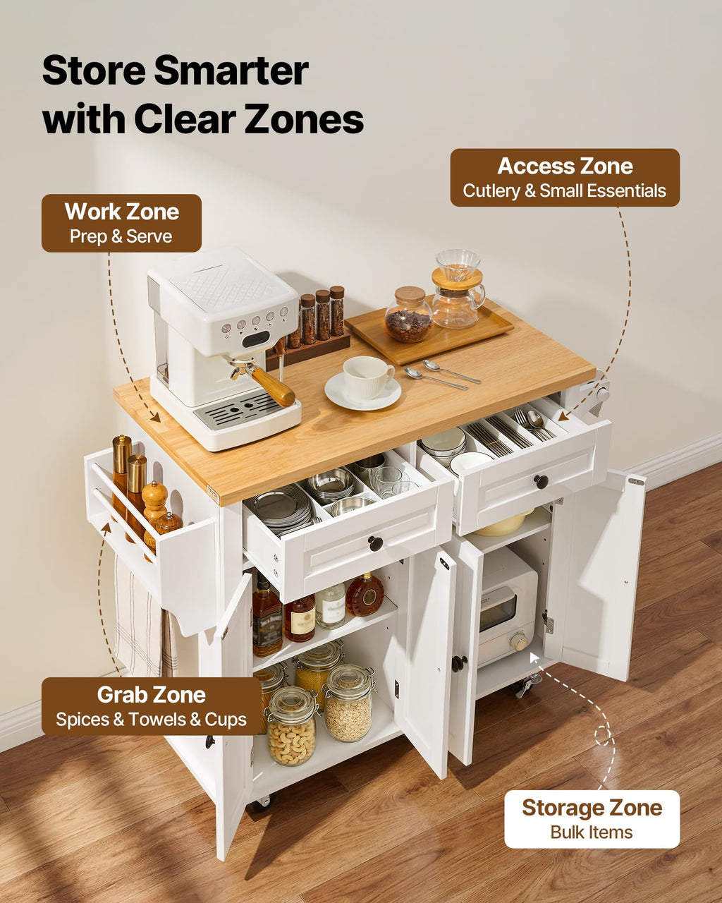 VEVOR Kitchen Island Cart with Storage, 47.64 in Wide Mobile Rolling Storage Island on Swivel Wheels, with 2 Drawers, Storage Cabinet, Drop Leaf, Towel Rack, Table for Home Dining Room, White