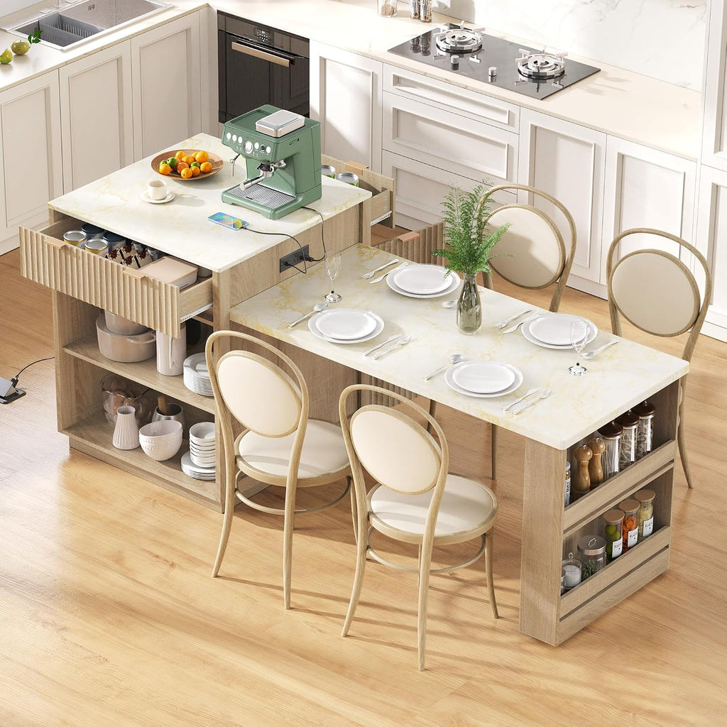 83" Extendable Kitchen Island with Drop Leaf Dining Table, Natural