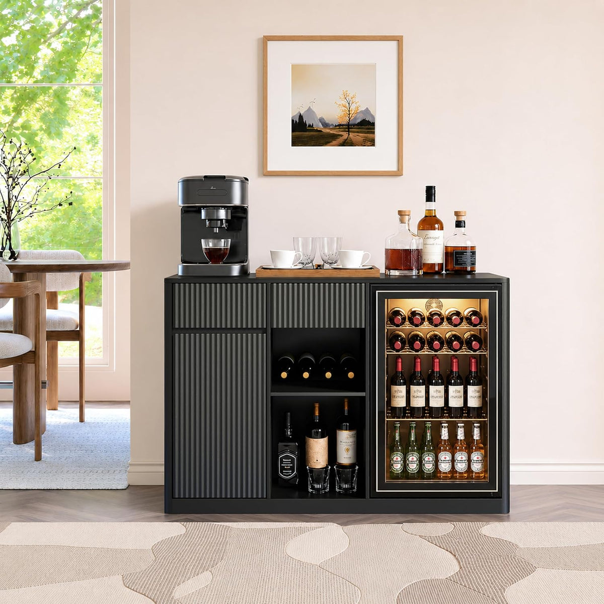51" L Coffee Wine Bar Cabinet with Fridge Space, Charging Hub, Wine Rack
