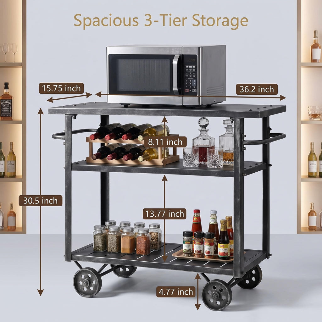 Vintage Rolling Bar Cart on Wheels Industrial Mobile Serving Cart Metal and Wood Design for Kitchen Bar Office Coffee House 36.2" Lx15.75 Wx30.5 H 3 Tier with 2 Side Handle