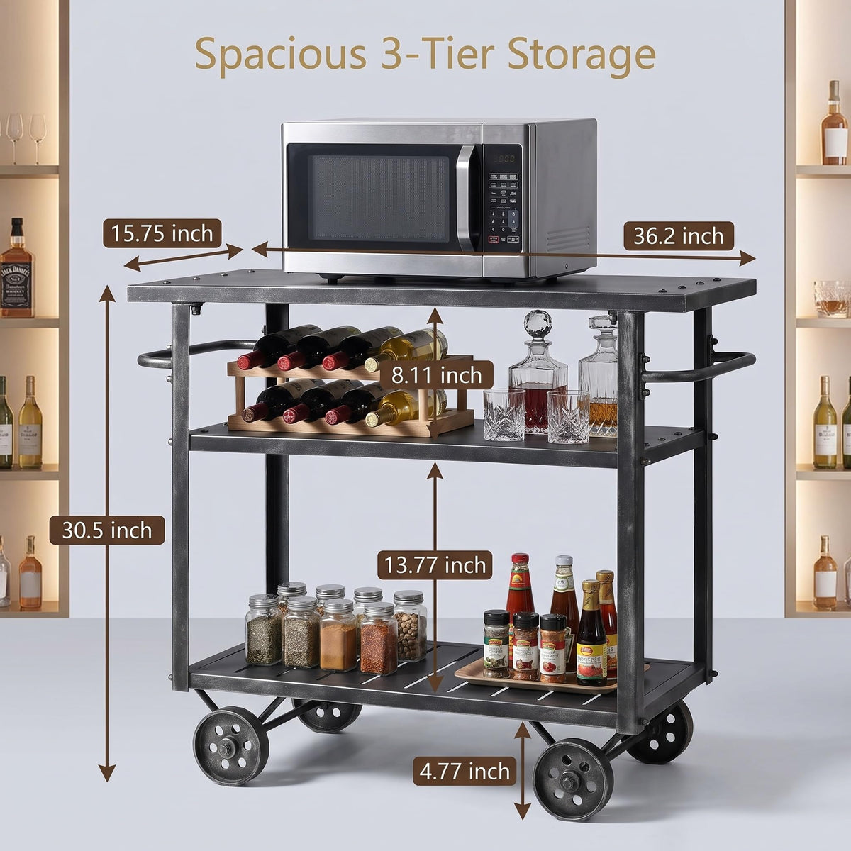 Vintage Rolling Bar Cart on Wheels Industrial Mobile Serving Cart Metal and Wood Design for Kitchen Bar Office Coffee House 36.2" Lx15.75 Wx30.5 H 3 Tier with 2 Side Handle