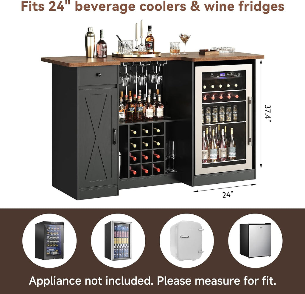 72" U-Shape Liquor Cabinet with Fridge Space, Bar Table with Wine Rack Glass Holder, Wine Bar Cabinet with Storage, Home Bar Cabinet for Man Cave Home Pub Basement Living Room, Black LRBT001B