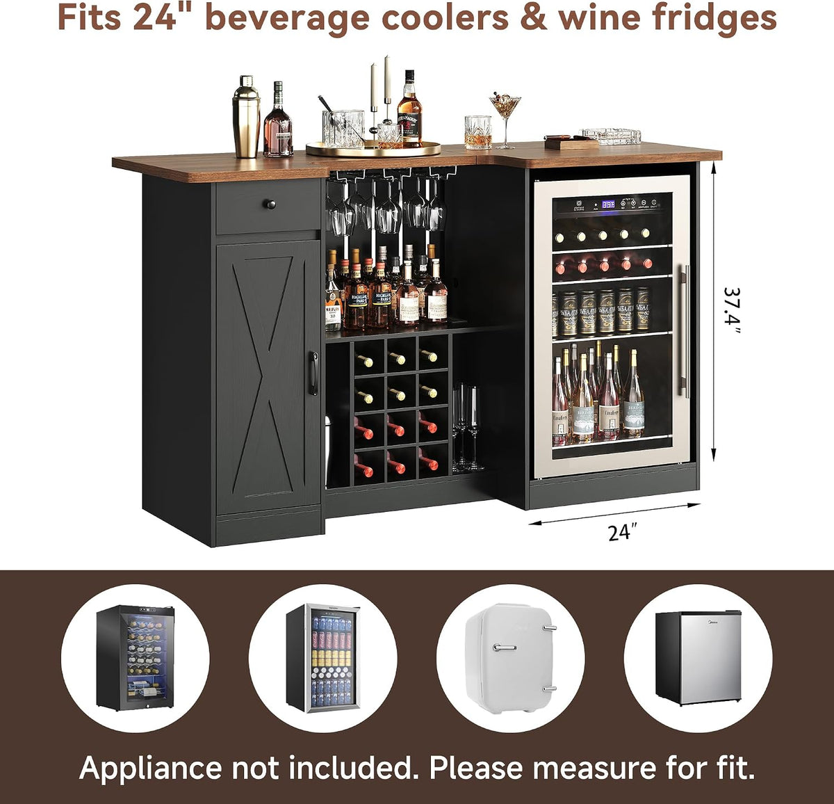 72" U-Shape Liquor Cabinet with Fridge Space, Bar Table with Wine Rack Glass Holder, Wine Bar Cabinet with Storage, Home Bar Cabinet for Man Cave Home Pub Basement Living Room, Black LRBT001B