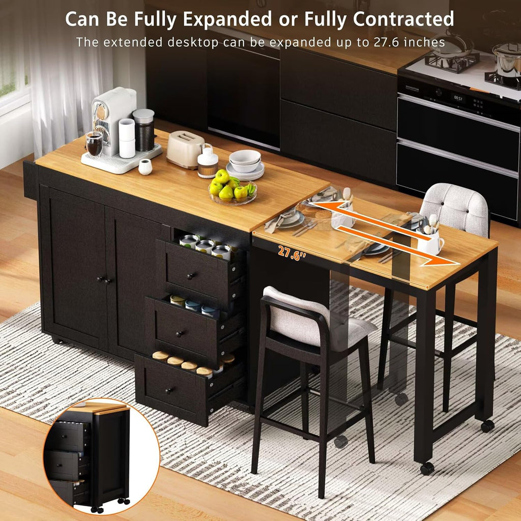 Large Kitchen Island with Extended Dining Table and Power Outlet, Rolling Kitchen Storage Cart with 3 Drawers, Kitchen Island on Wheels with Spice Rack and 2 Door Cabinet, Black