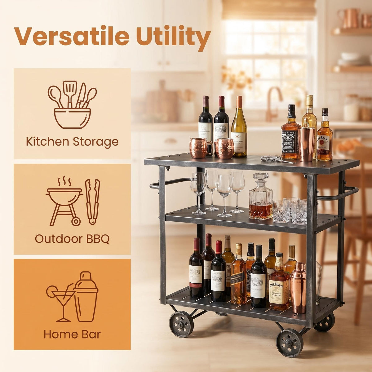 Vintage Rolling Bar Cart on Wheels Industrial Mobile Serving Cart Metal and Wood Design for Kitchen Bar Office Coffee House 36.2" Lx15.75 Wx30.5 H 3 Tier with 2 Side Handle