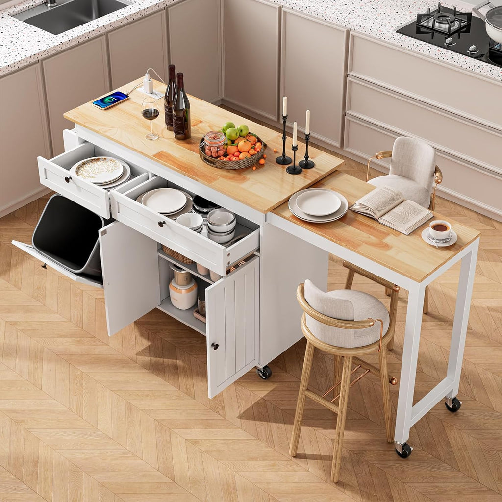 Kitchen Islands with Extendable Dining Table, Mobile Storage Islands, White