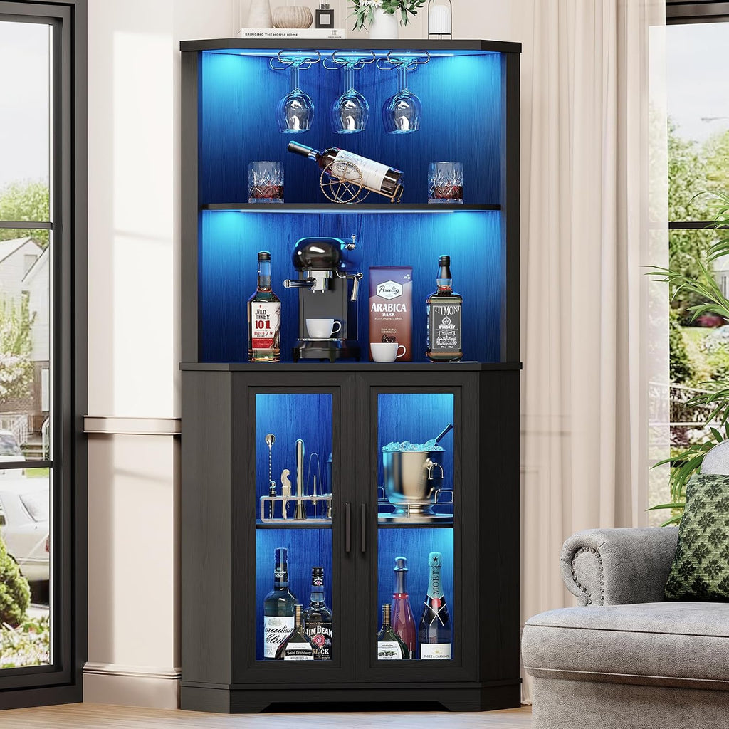 65" Tall Corner Bar Cabinet with LED Lights & Glass Holder